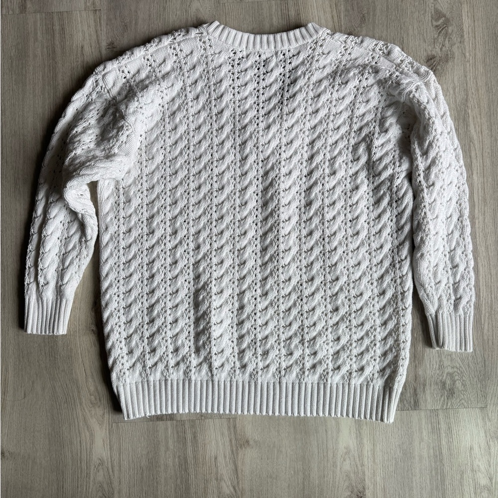 Vintage Premier Sport White Cotton Cable Knit Cottage Chunky V-Neck Sweater Lrg - Picture 7 of 9
